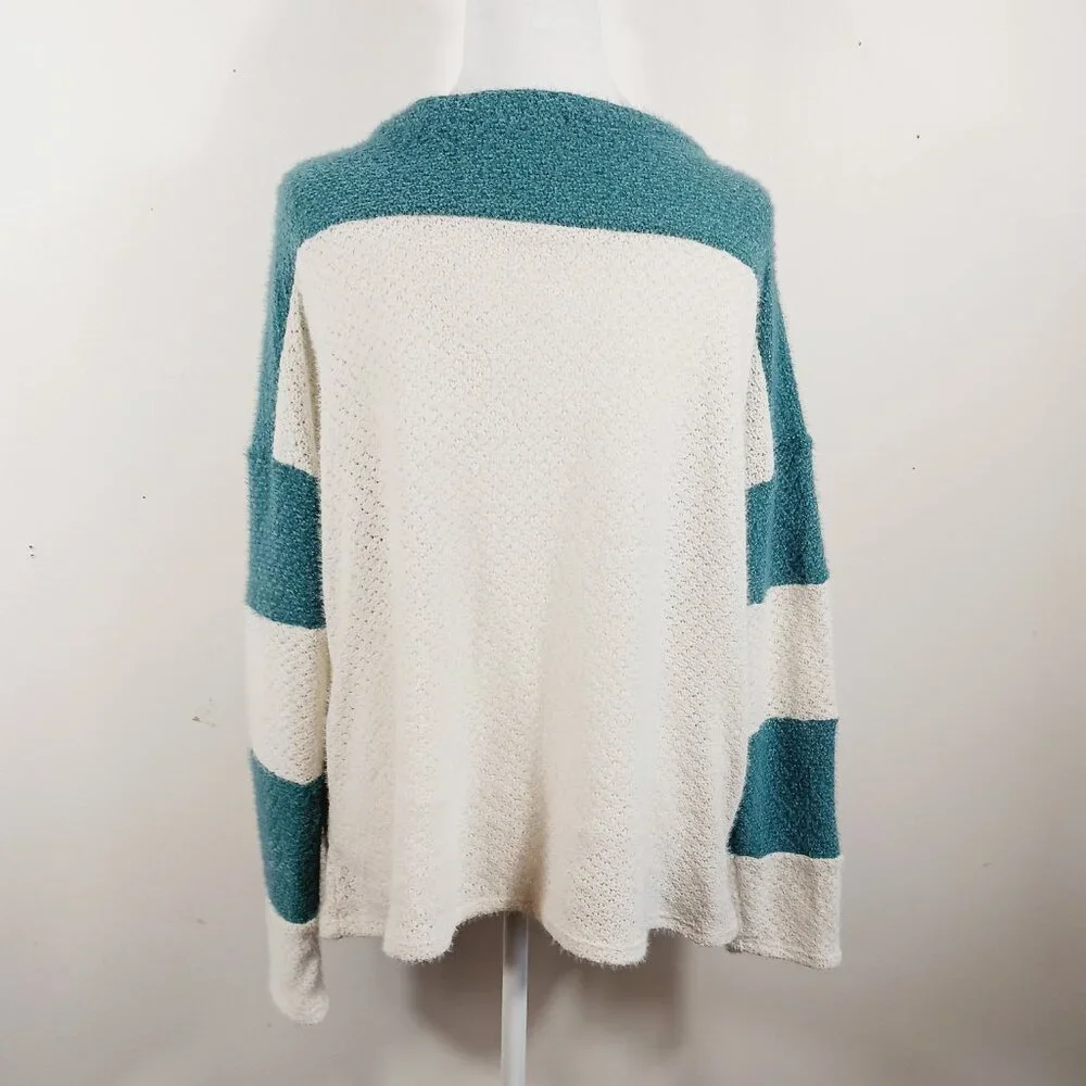 Bibi Women's MED Green & Cream Pullover Sweater Rugby Stripe Front, Relaxed Fit
